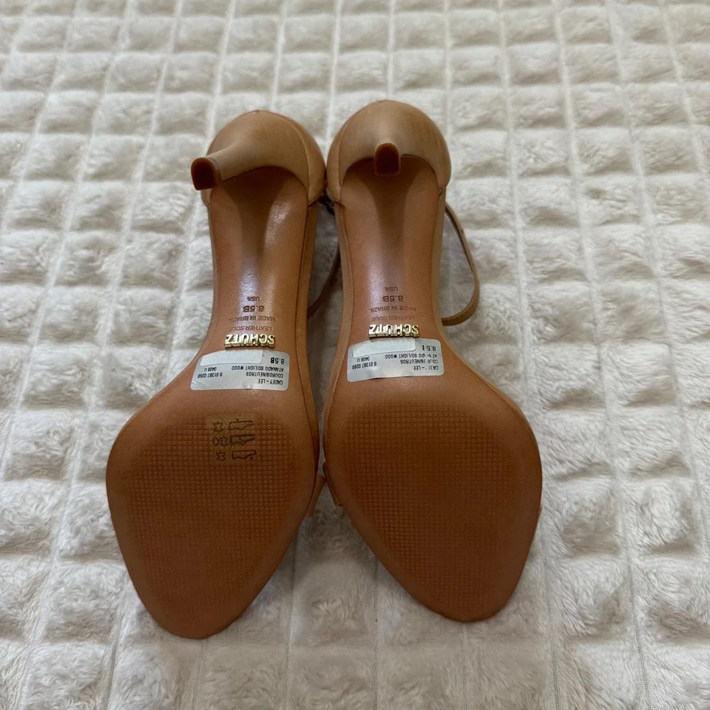 Schutz 8.5 Cadey Lee Lightwood Tan Neutral Sandals Heels Stiletto Classic